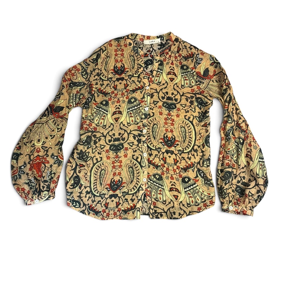 LARA Women Paisley Tapestry Print Button Down Blouse Tan Bishop Sleeve Medium